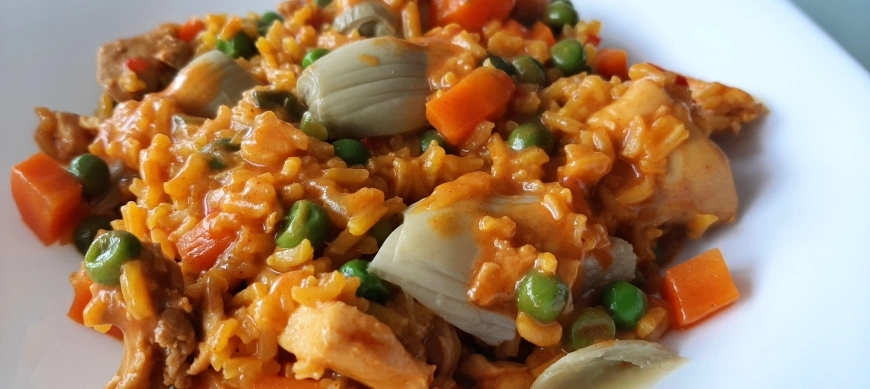 Risotto de pollo con verduras