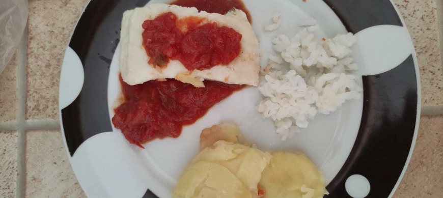Menú completo (salsa de tomate y pescado con verduritas)